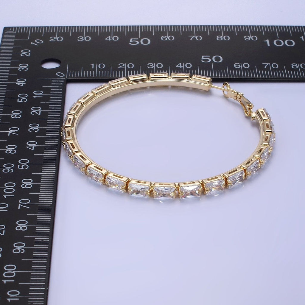 14K Gold plated 70mm Clear CZ Baguette Lined Hinge Hoop Earrings in Gold & Silver | AE511 AE512 - DLUXCA
