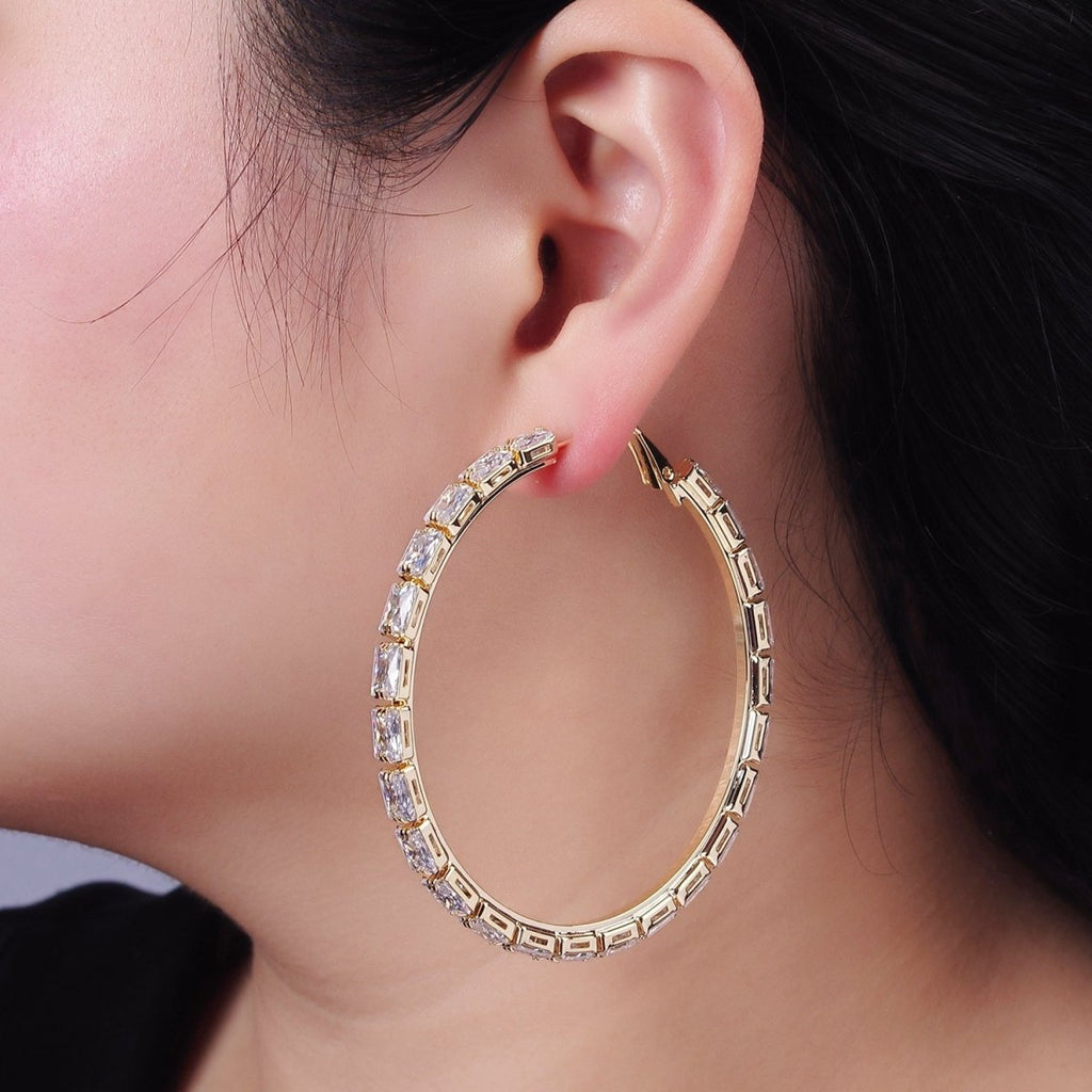 14K Gold plated 70mm Clear CZ Baguette Lined Hinge Hoop Earrings in Gold & Silver | AE511 AE512 - DLUXCA