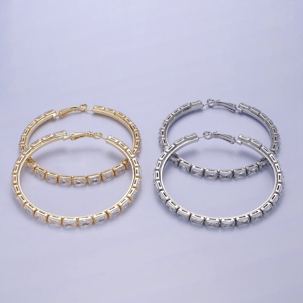 14K Gold plated 70mm Clear CZ Baguette Lined Hinge Hoop Earrings in Gold & Silver | AE511 AE512 - DLUXCA