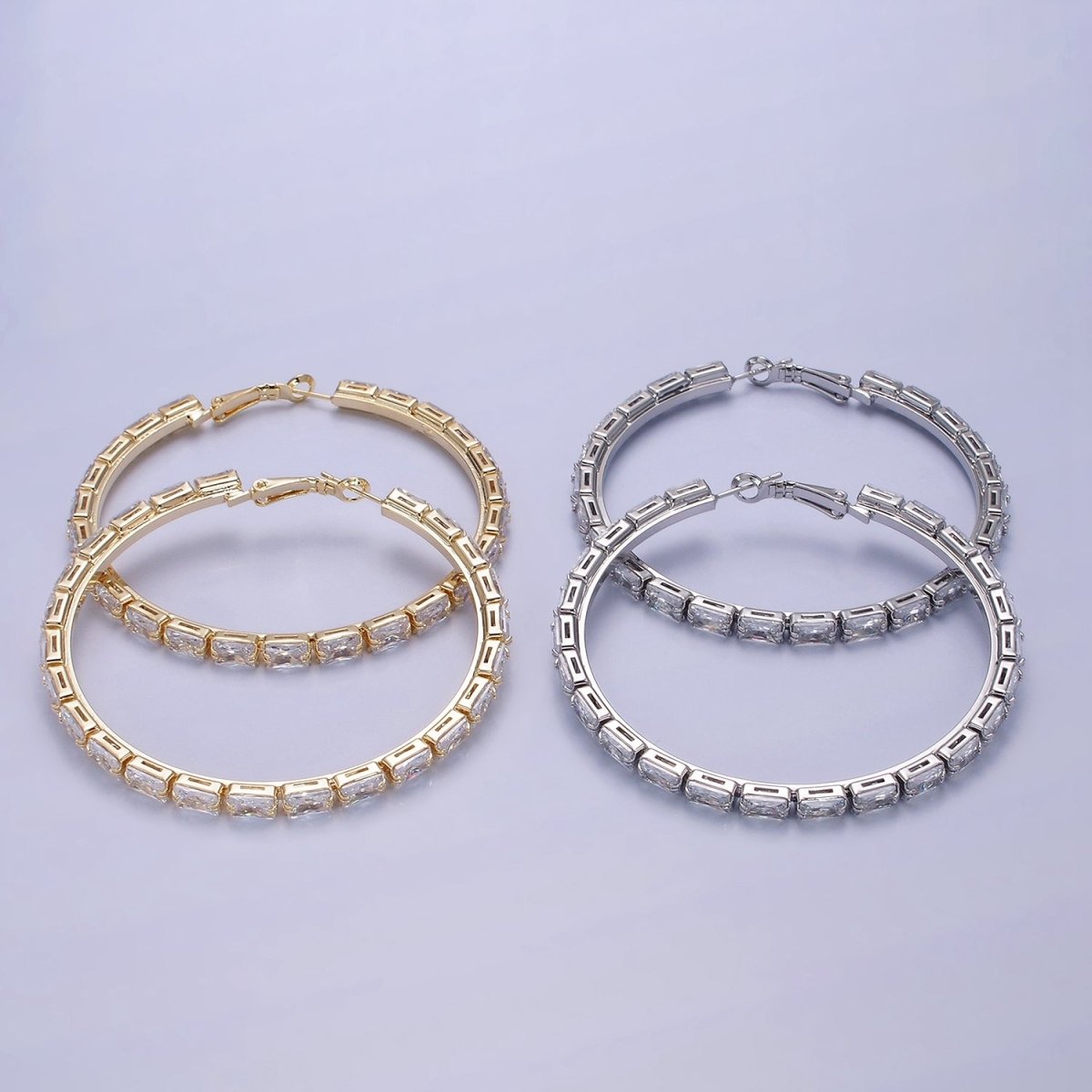 14K Gold plated 70mm Clear CZ Baguette Lined Hinge Hoop Earrings in Gold & Silver | AE511 AE512 - DLUXCA