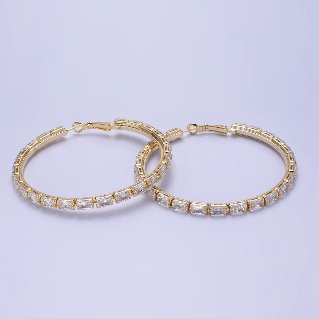 14K Gold plated 70mm Clear CZ Baguette Lined Hinge Hoop Earrings in Gold & Silver | AE511 AE512 - DLUXCA
