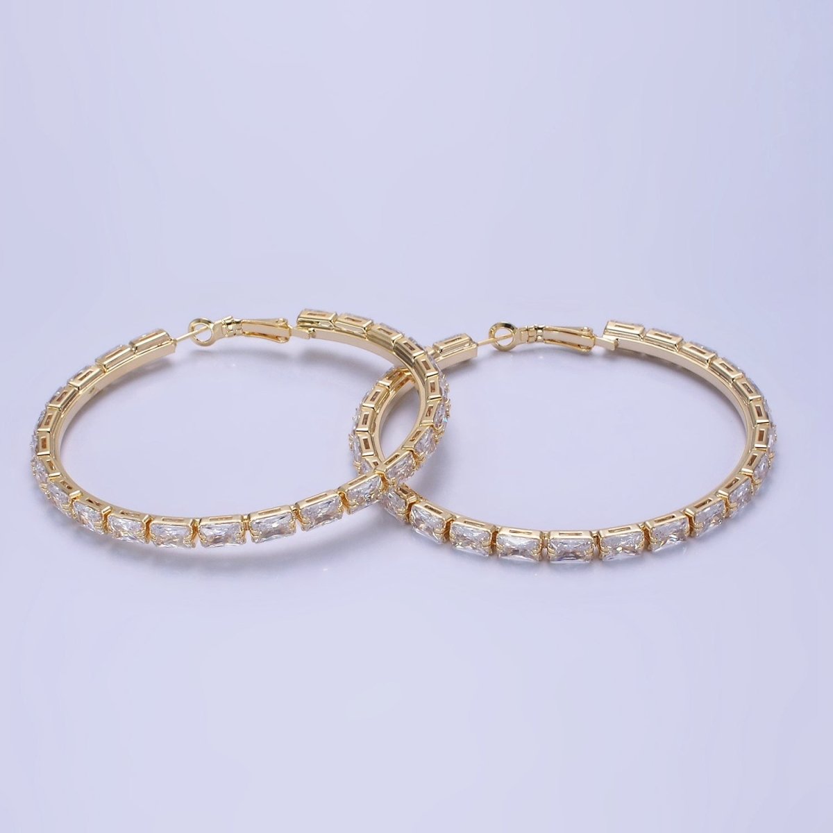 14K Gold plated 70mm Clear CZ Baguette Lined Hinge Hoop Earrings in Gold & Silver | AE511 AE512 - DLUXCA