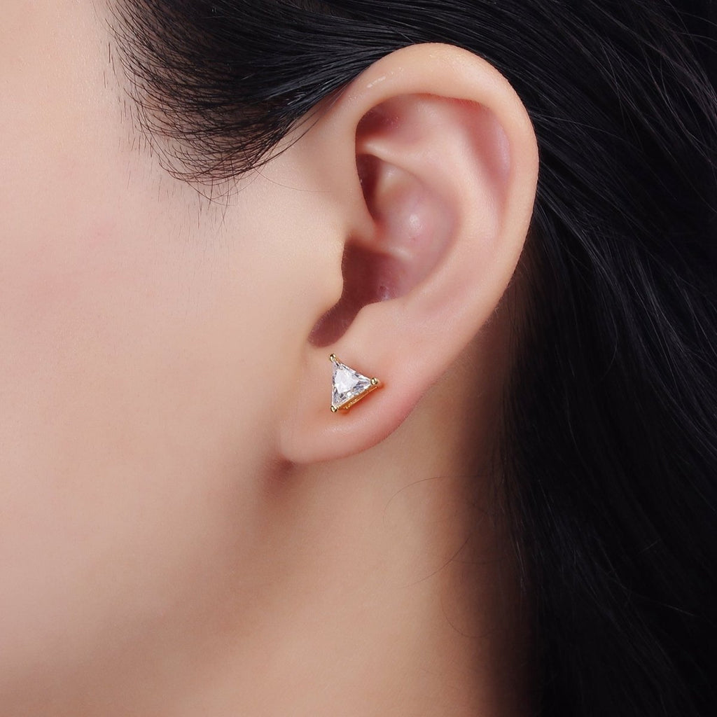 14K Gold plated 7.5mm, 9.5mm Clear CZ Triangle Bezel Stud Earrings | AE787 AE788 - DLUXCA