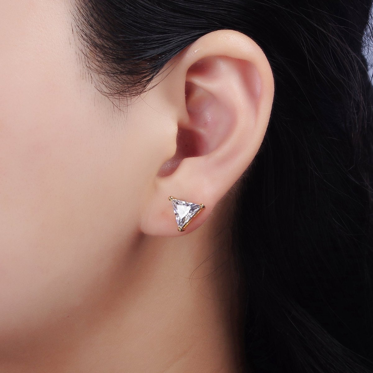 14K Gold plated 7.5mm, 9.5mm Clear CZ Triangle Bezel Stud Earrings | AE787 AE788 - DLUXCA