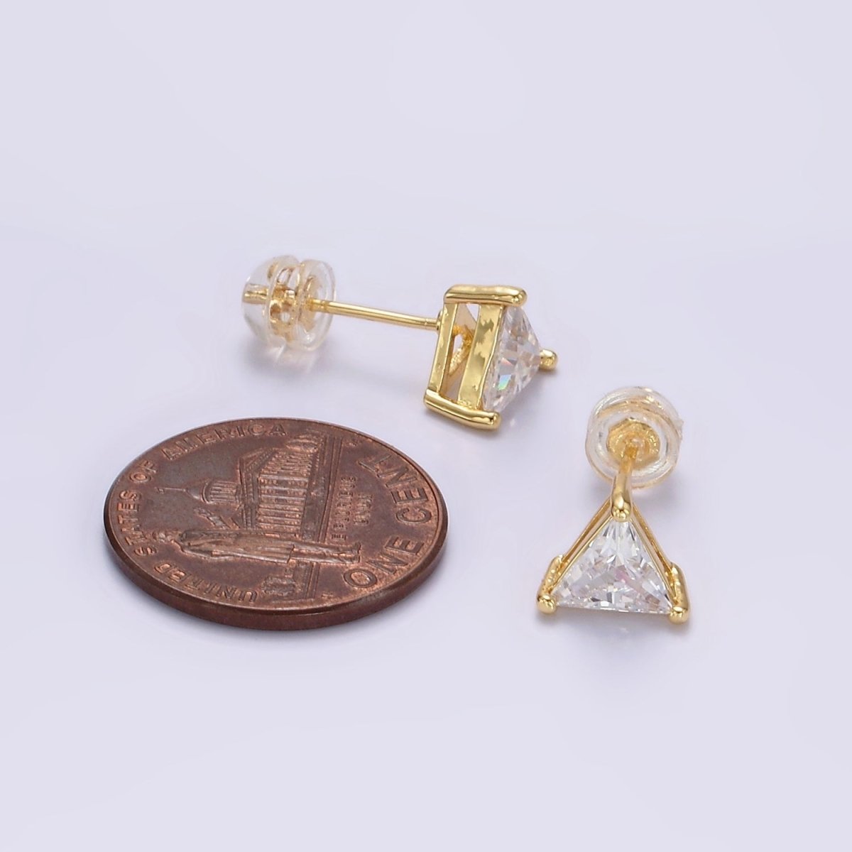 14K Gold plated 7.5mm, 9.5mm Clear CZ Triangle Bezel Stud Earrings | AE787 AE788 - DLUXCA