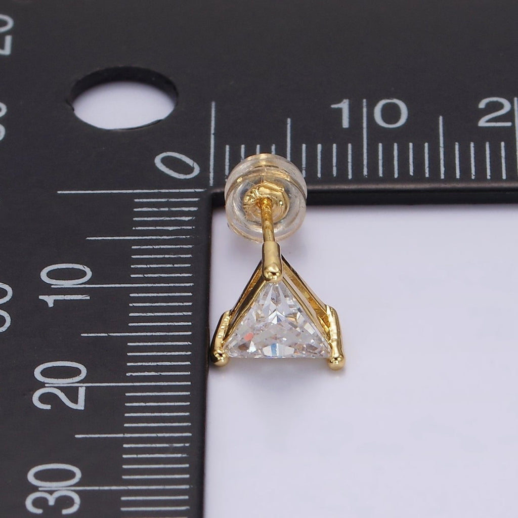14K Gold plated 7.5mm, 9.5mm Clear CZ Triangle Bezel Stud Earrings | AE787 AE788 - DLUXCA