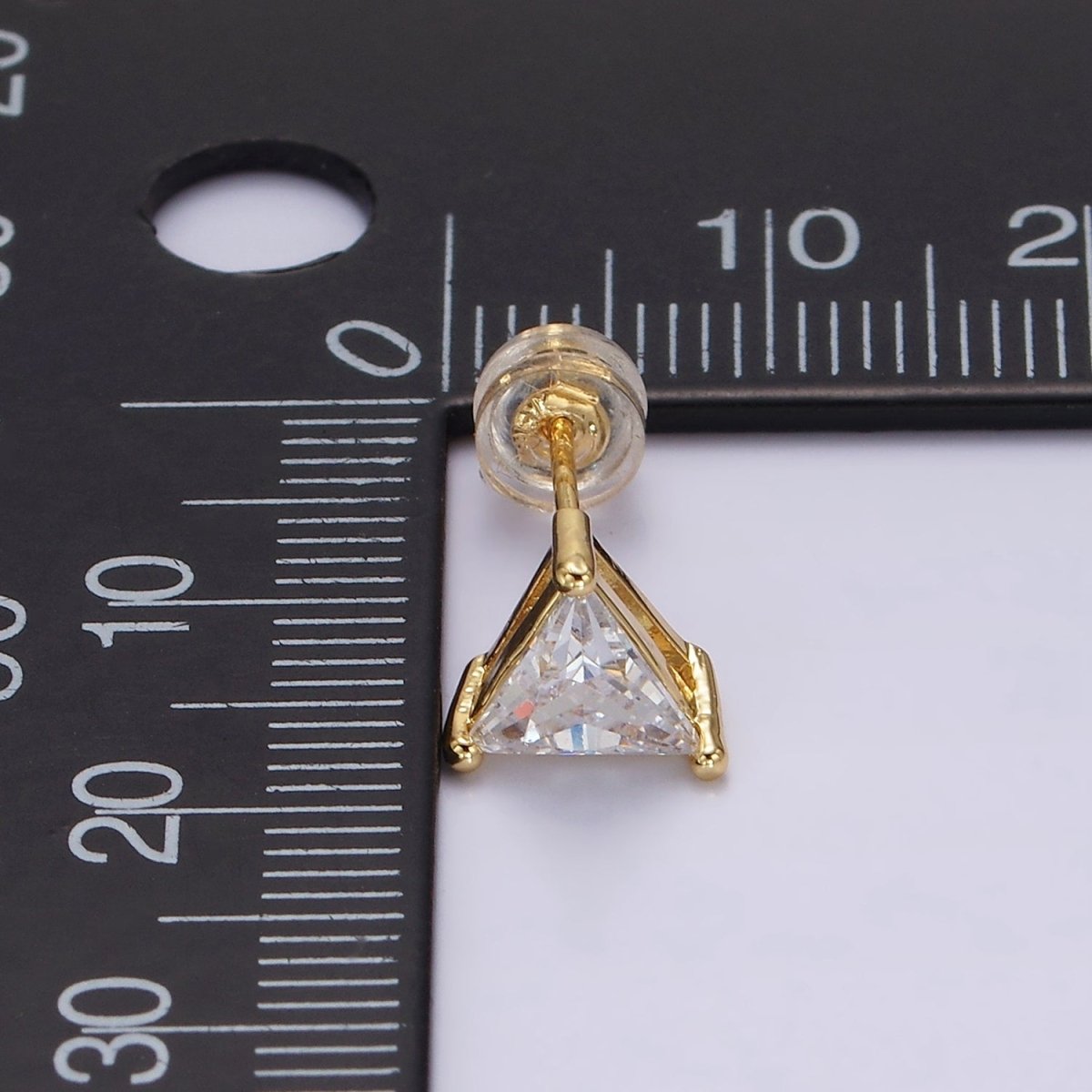 14K Gold plated 7.5mm, 9.5mm Clear CZ Triangle Bezel Stud Earrings | AE787 AE788 - DLUXCA