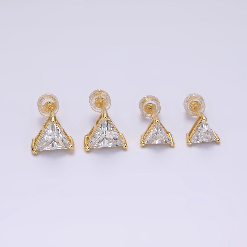 14K Gold plated 7.5mm, 9.5mm Clear CZ Triangle Bezel Stud Earrings | AE787 AE788 - DLUXCA