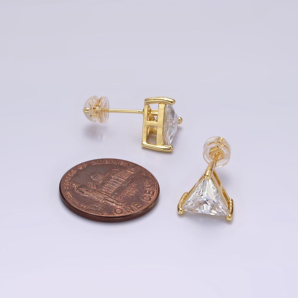 14K Gold plated 7.5mm, 9.5mm Clear CZ Triangle Bezel Stud Earrings | AE787 AE788 - DLUXCA