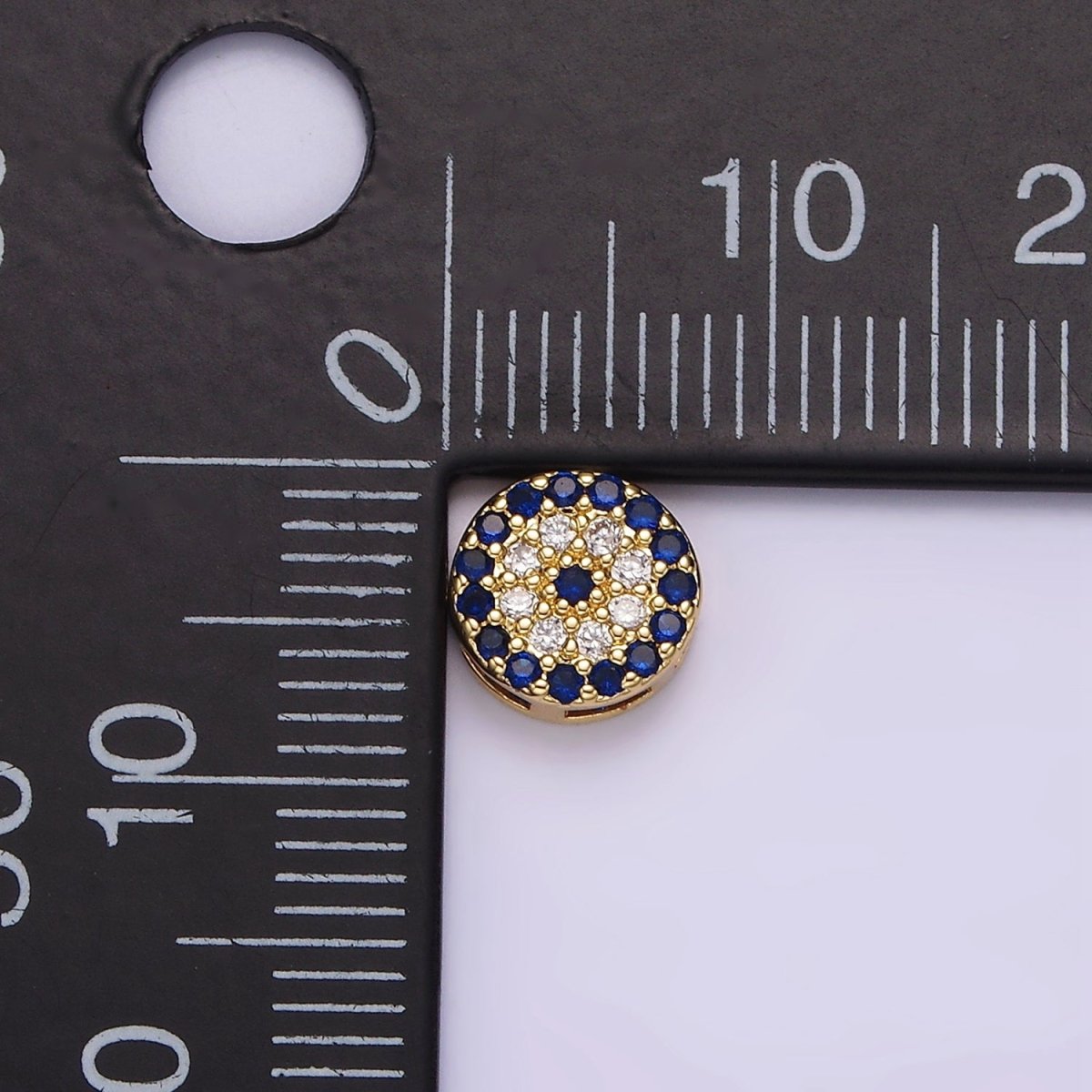 14K Gold plated 7.5mm Blue Evil Eye Micro Paved CZ Bead | B-840 - DLUXCA