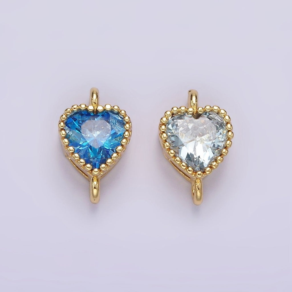 14K Gold plated 7mm Blue, Baby Blue CZ Heart Bezel Connector | G170 G171
