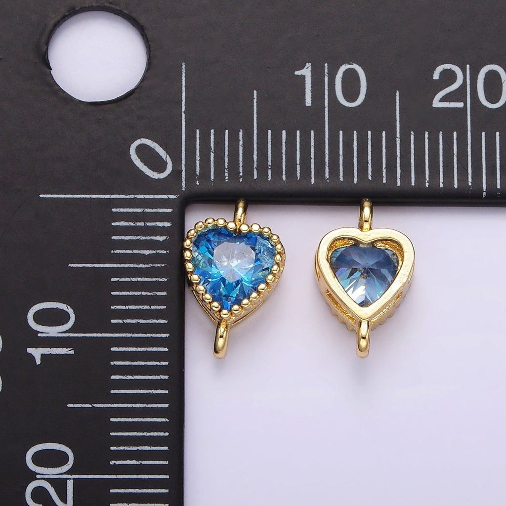 14K Gold plated 7mm Blue, Baby Blue CZ Heart Bezel Connector | G170 G171