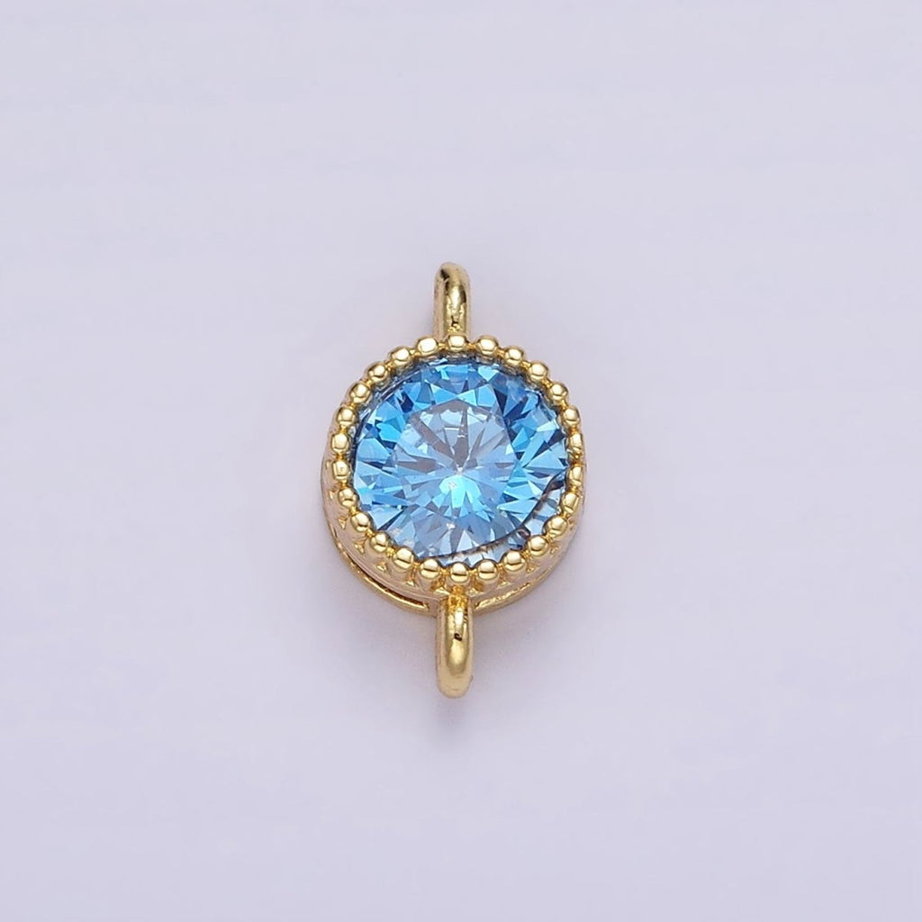 14K Gold plated 7mm Blue, Baby Blue CZ Round Bezel Connector | G178 G179