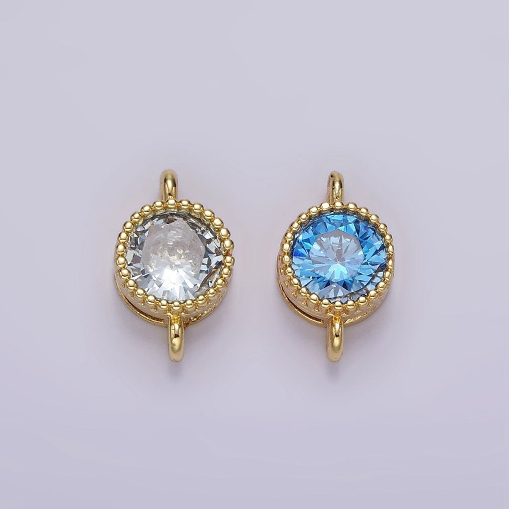 14K Gold plated 7mm Blue, Baby Blue CZ Round Bezel Connector | G178 G179