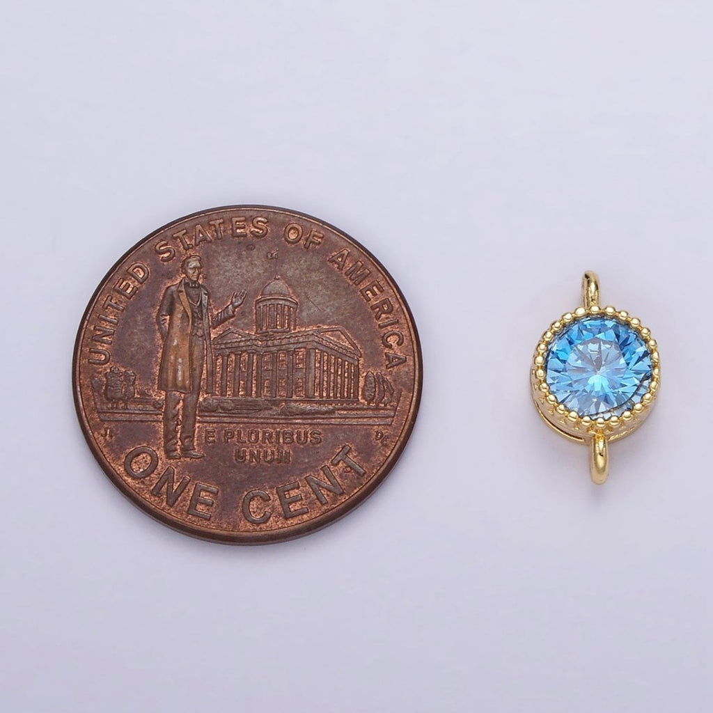 14K Gold plated 7mm Blue, Baby Blue CZ Round Bezel Connector | G178 G179