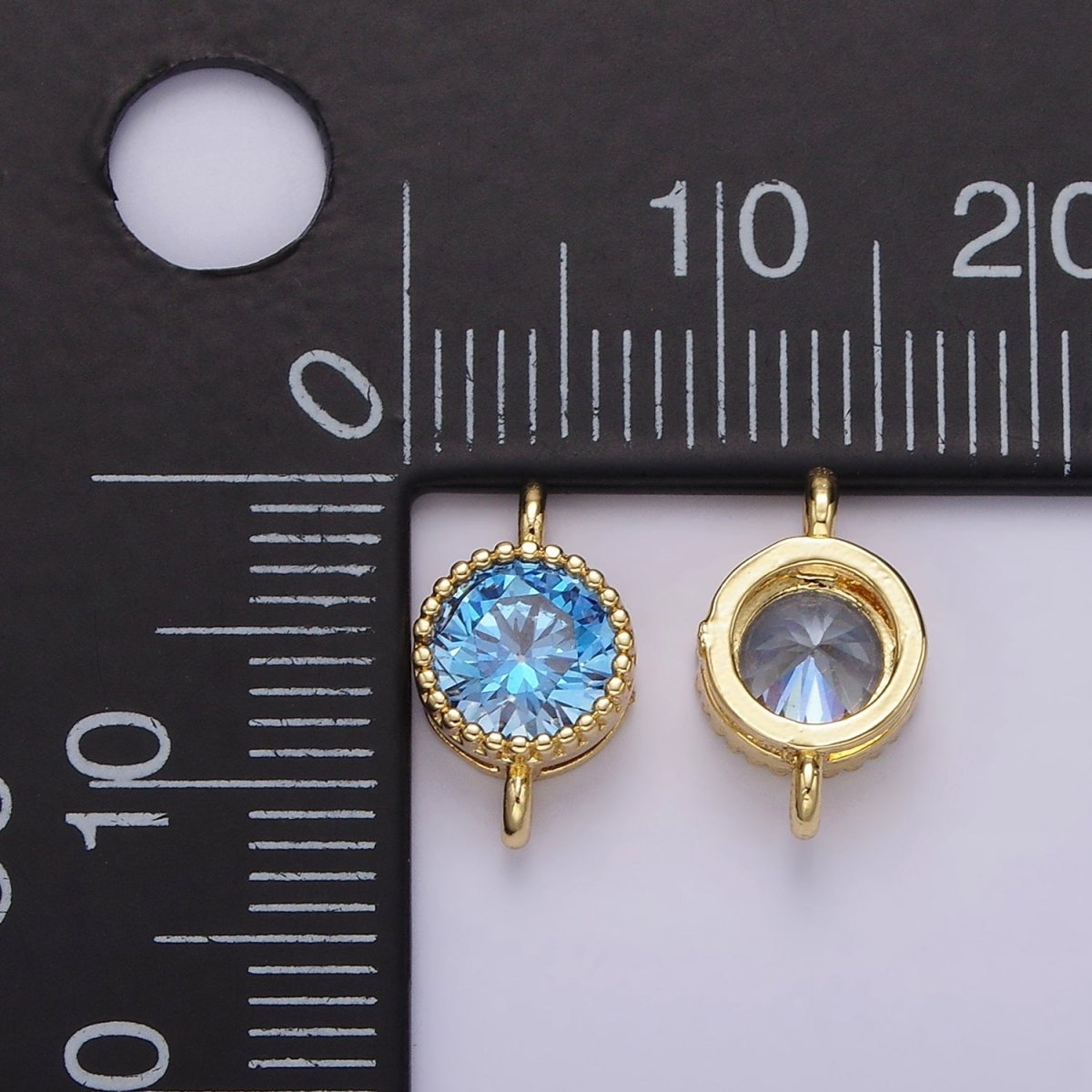 14K Gold plated 7mm Blue, Baby Blue CZ Round Bezel Connector | G178 G179