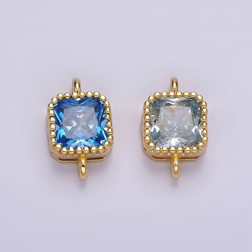 14K Gold plated 7mm Blue, Baby Blue CZ Square Bezel Connector | G172 G173