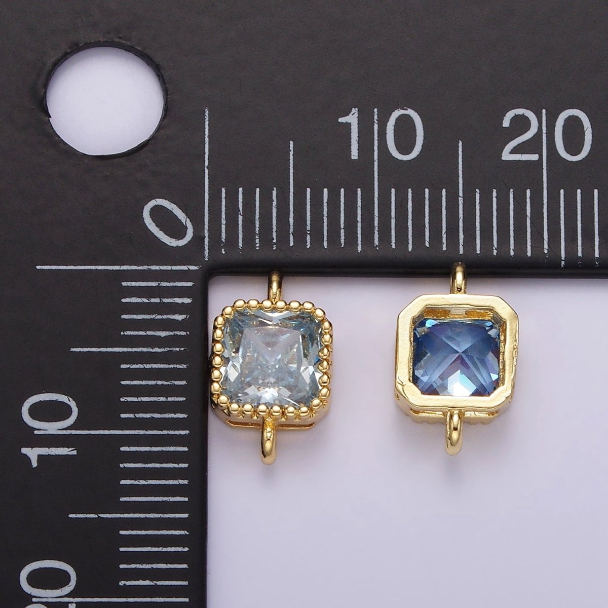 14K Gold plated 7mm Blue, Baby Blue CZ Square Bezel Connector | G172 G173