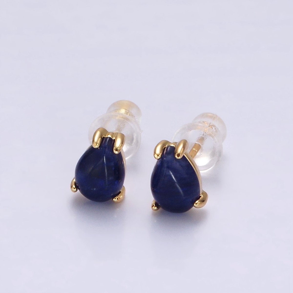 14K Gold plated 7mm Lapis Lazuli Teardrop Bezel Stud Earrings | V049 - DLUXCA