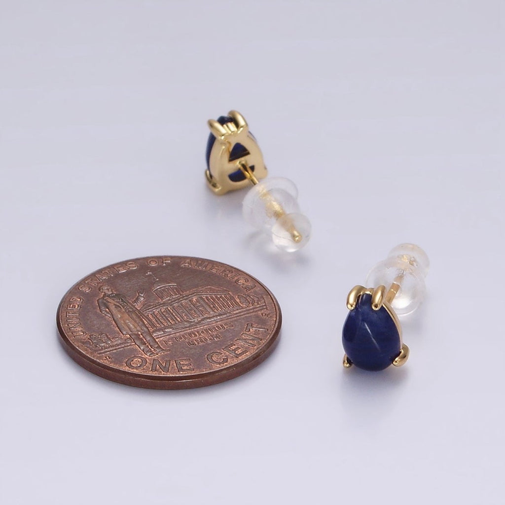 14K Gold plated 7mm Lapis Lazuli Teardrop Bezel Stud Earrings | V049 - DLUXCA