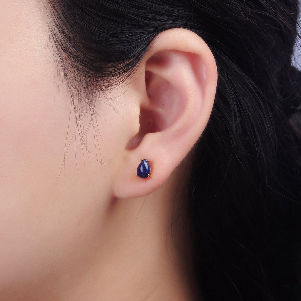 14K Gold plated 7mm Lapis Lazuli Teardrop Bezel Stud Earrings | V049 - DLUXCA