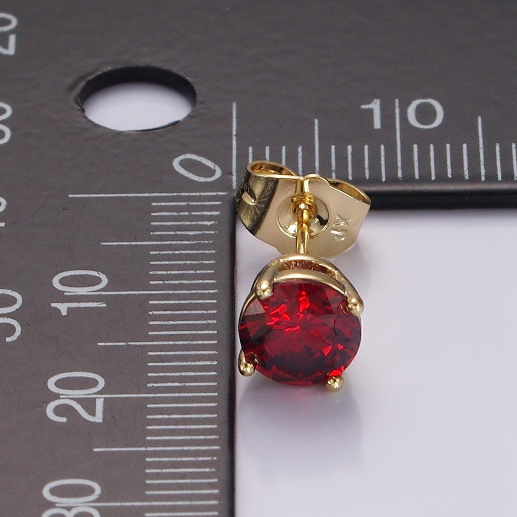 14K Gold plated 7mm Pink, Red Round Bezel Minimalist Stud Earrings | AB1137 AB1138