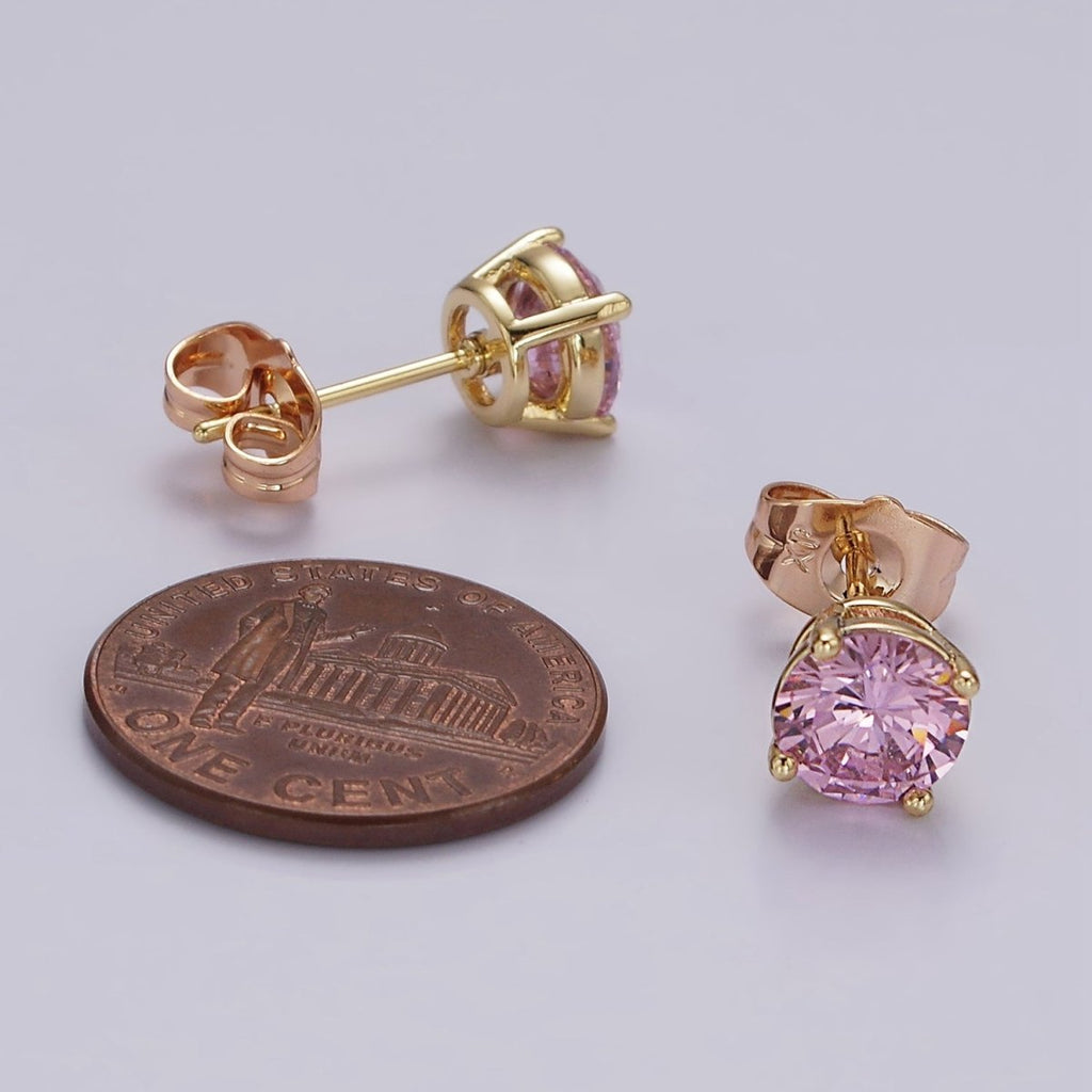 14K Gold plated 7mm Pink, Red Round Bezel Minimalist Stud Earrings | AB1137 AB1138