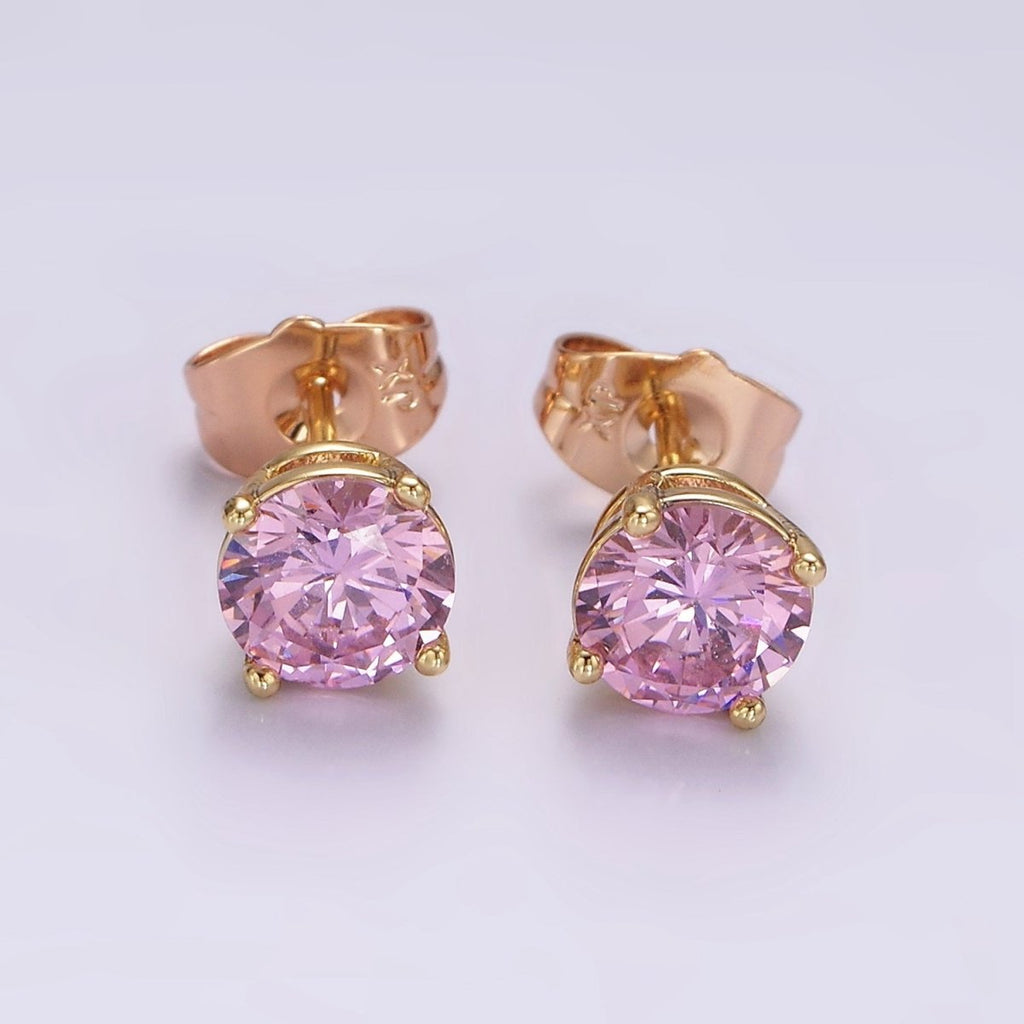 14K Gold plated 7mm Pink, Red Round Bezel Minimalist Stud Earrings | AB1137 AB1138