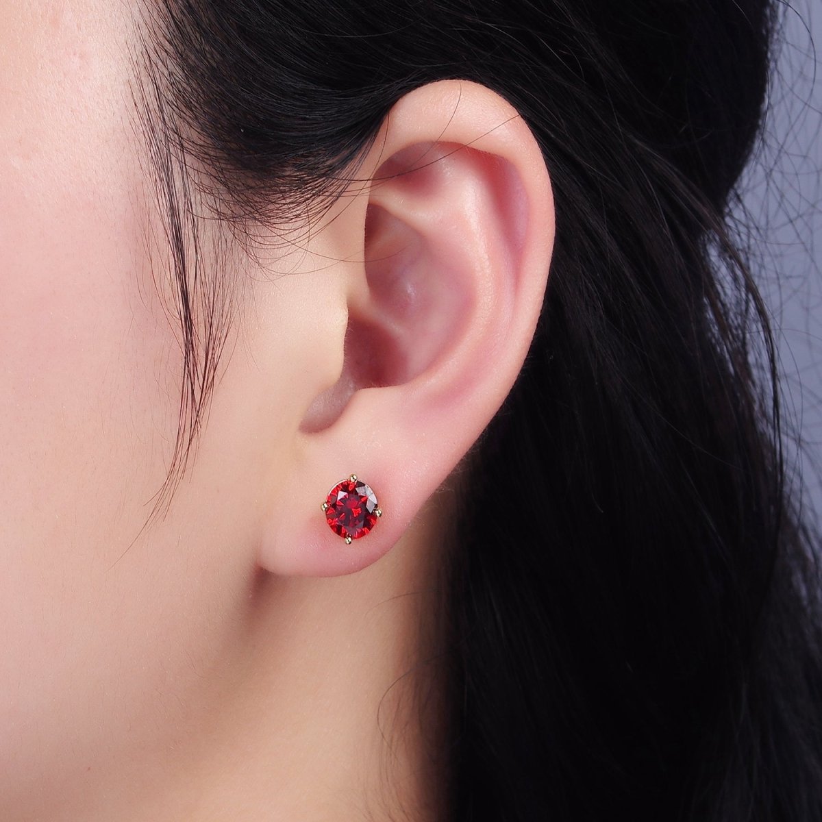14K Gold plated 7mm Pink, Red Round Bezel Minimalist Stud Earrings | AB1137 AB1138