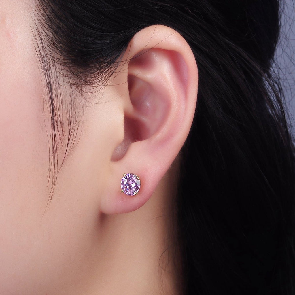 14K Gold plated 7mm Pink, Red Round Bezel Minimalist Stud Earrings | AB1137 AB1138