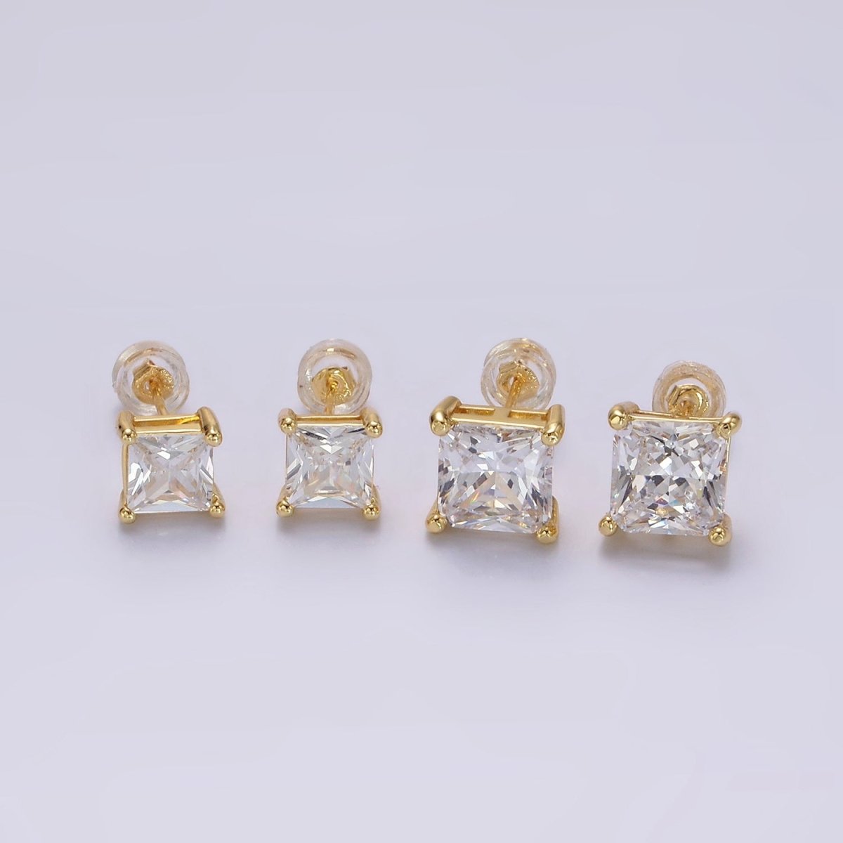 14K Gold plated 8mm, 6mm Clear CZ Square Bezel Stud Earrings | AE763 AE764