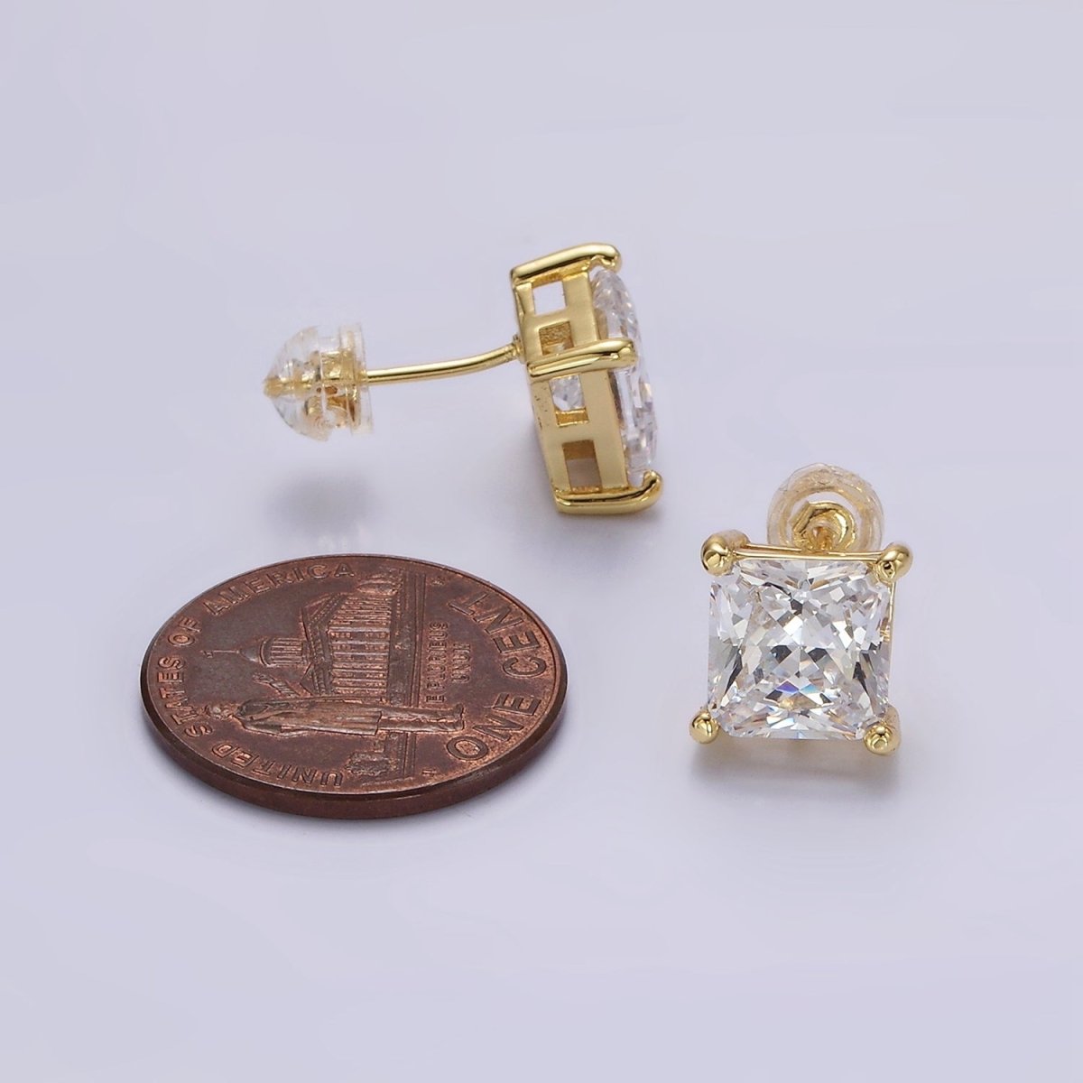 14K Gold plated 8mm, 6mm Clear CZ Square Bezel Stud Earrings | AE763 AE764