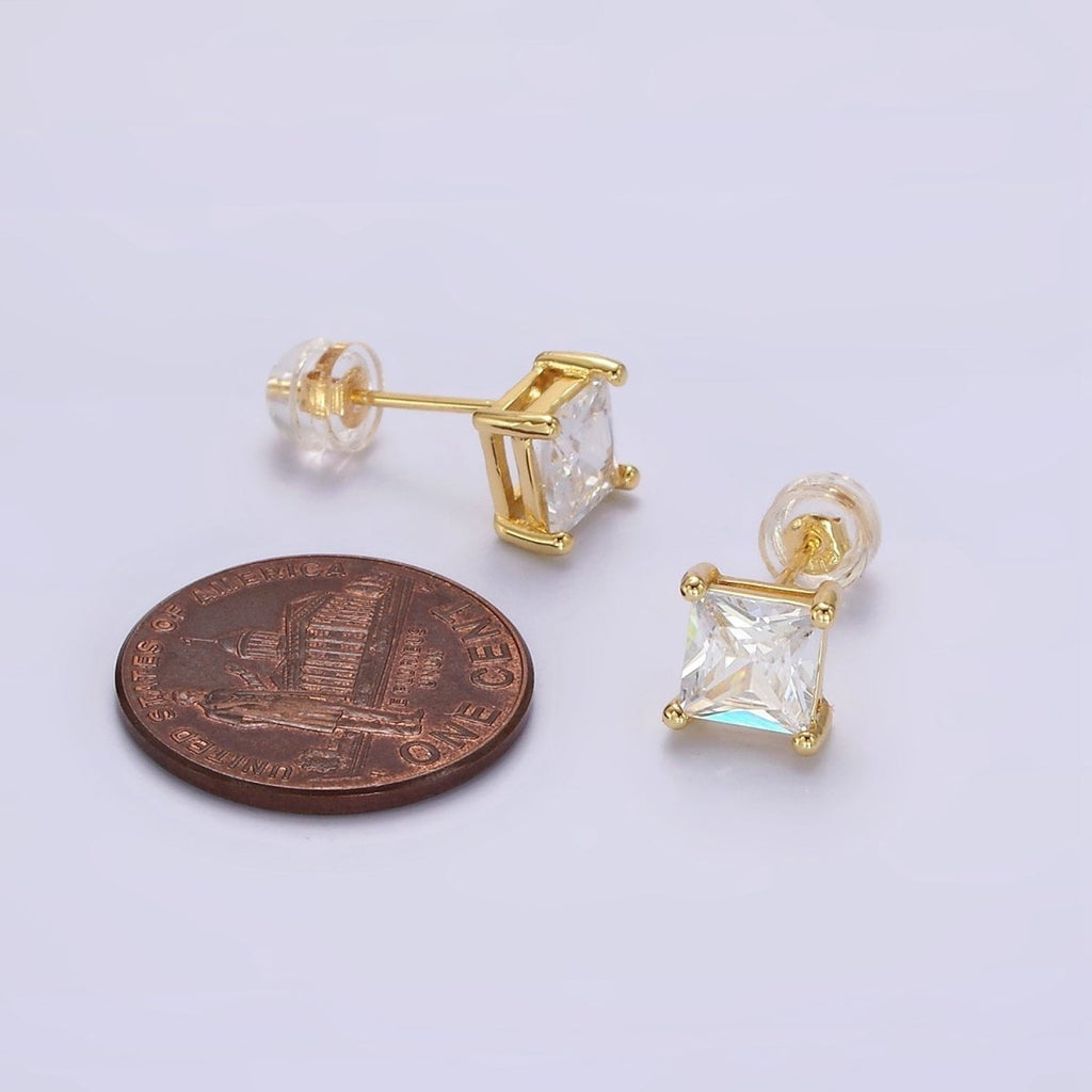 14K Gold plated 8mm, 6mm Clear CZ Square Bezel Stud Earrings | AE763 AE764