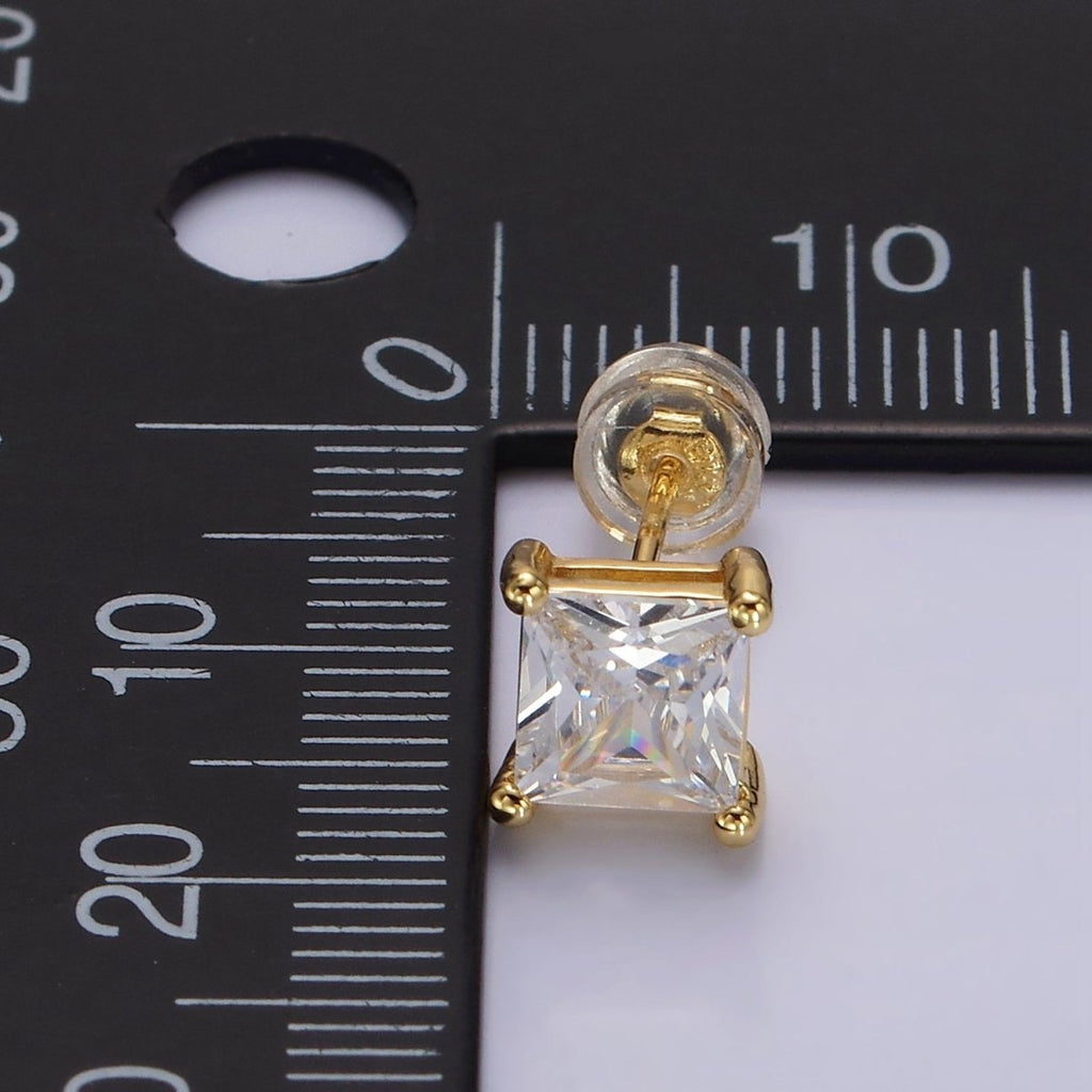 14K Gold plated 8mm, 6mm Clear CZ Square Bezel Stud Earrings | AE763 AE764