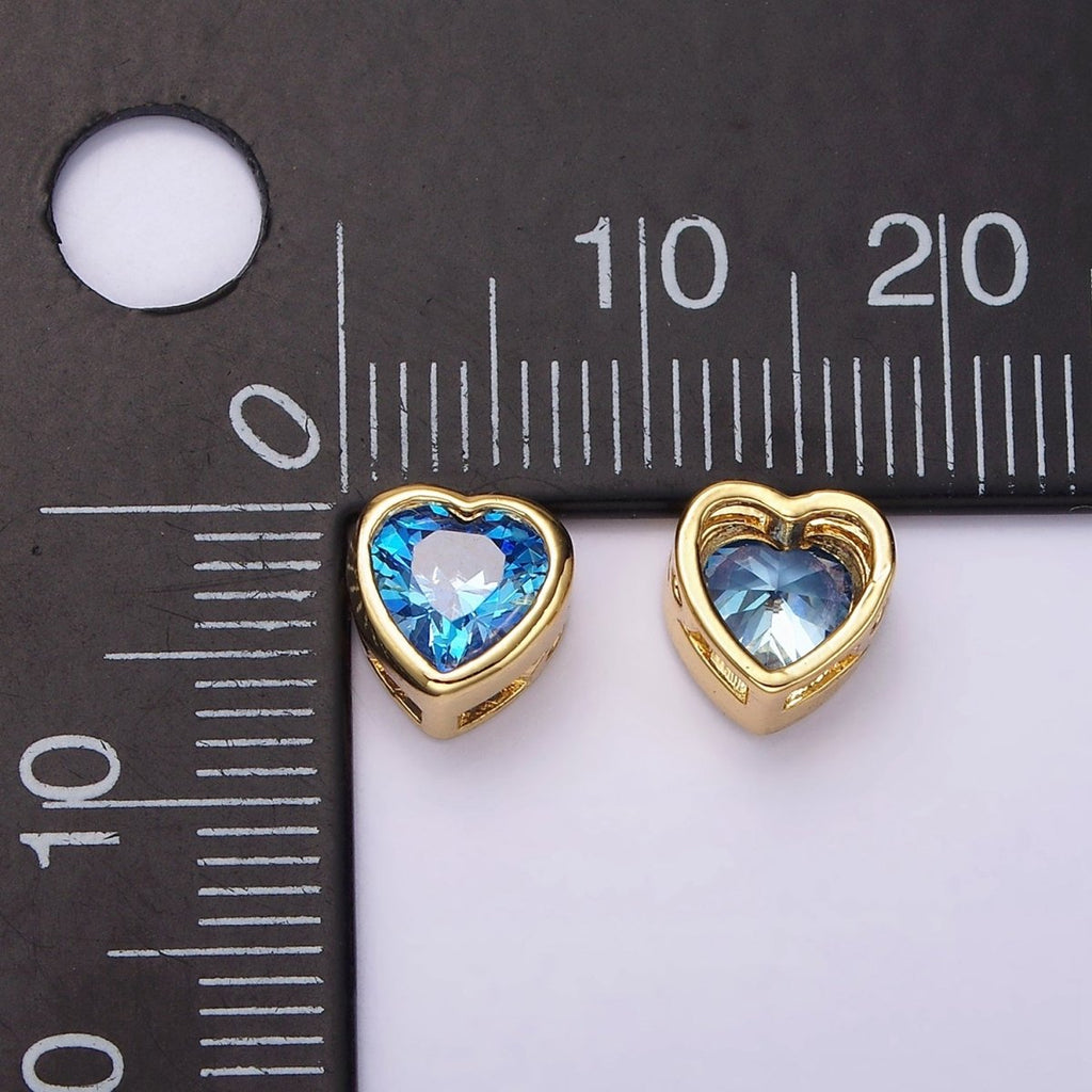 14K Gold plated 8mm Baby Blue, Blue CZ Heart Bezel Bead | B-845 B-846 - DLUXCA