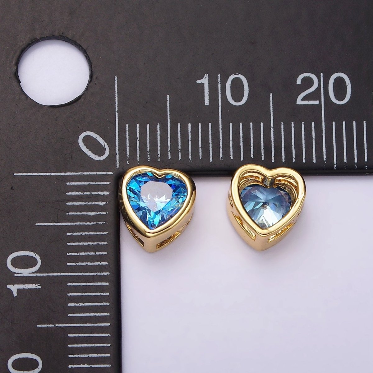 14K Gold plated 8mm Baby Blue, Blue CZ Heart Bezel Bead | B-845 B-846 - DLUXCA