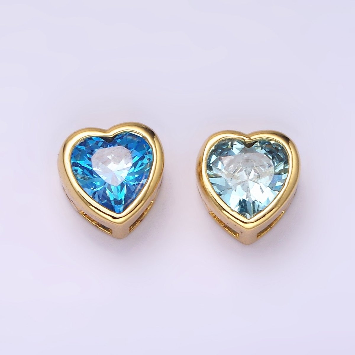 14K Gold plated 8mm Baby Blue, Blue CZ Heart Bezel Bead | B-845 B-846 - DLUXCA