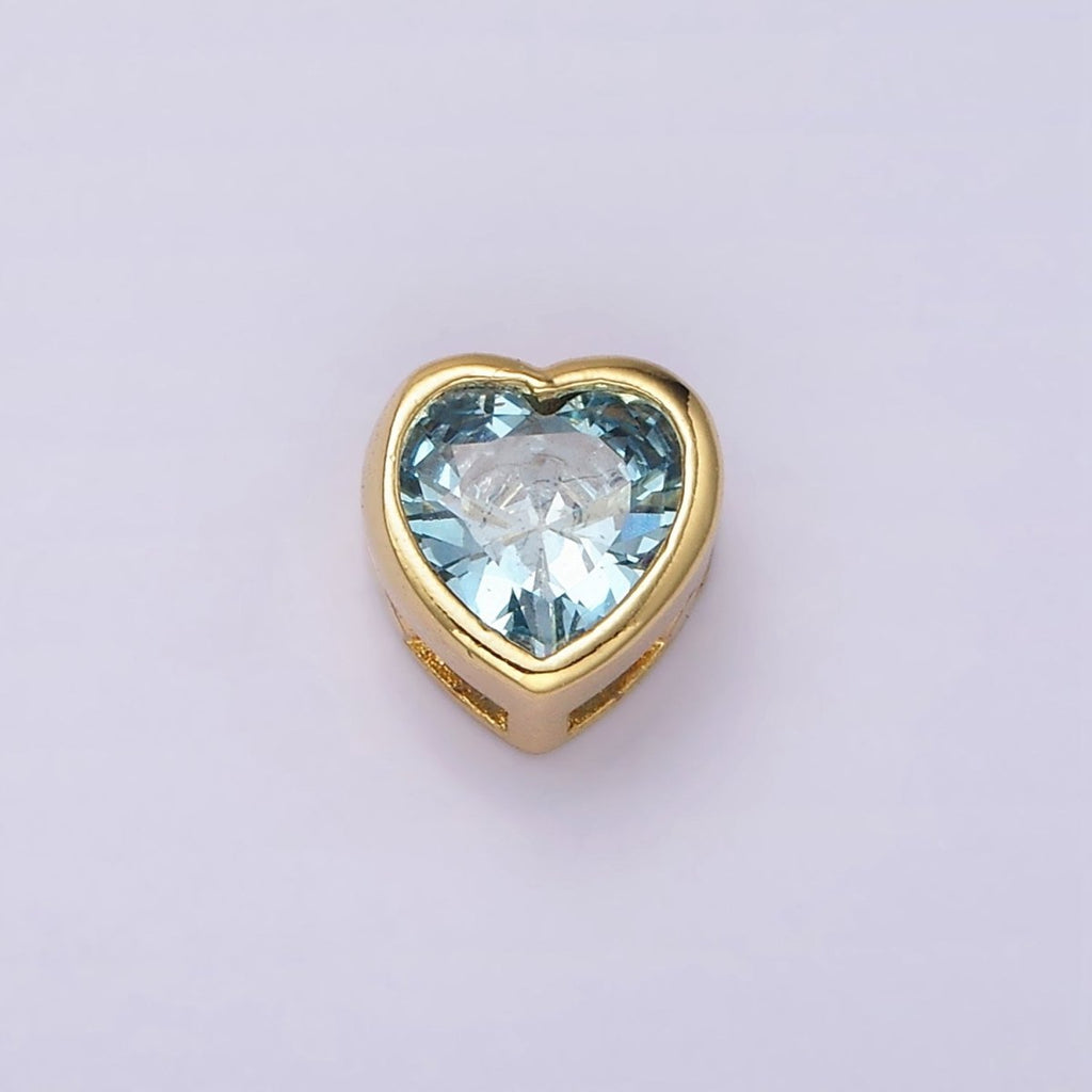 14K Gold plated 8mm Baby Blue, Blue CZ Heart Bezel Bead | B-845 B-846 - DLUXCA
