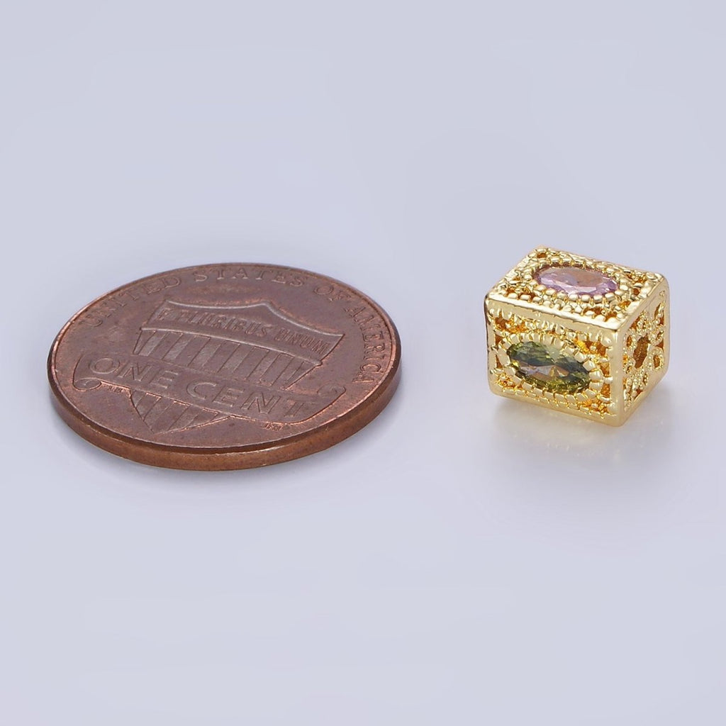 14K Gold plated 8mm Multicolor Oval CZ Flower Filigree Rectangular Bead | B883 - DLUXCA