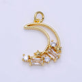 14K Gold plated 9.5mm, 8.5mm Celestial Crescent Moon Stars Baguette CZ Open Charm | D036 037
