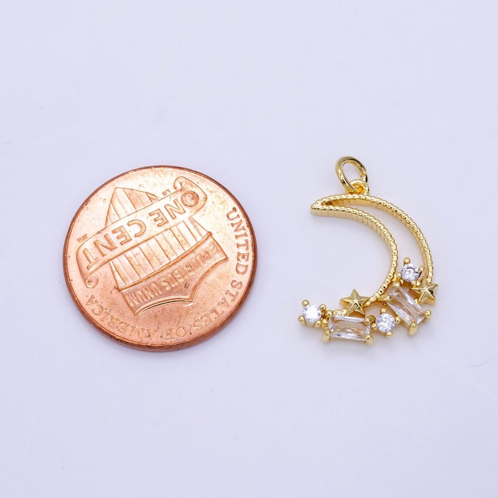 14K Gold plated 9.5mm, 8.5mm Celestial Crescent Moon Stars Baguette CZ Open Charm | D036 037