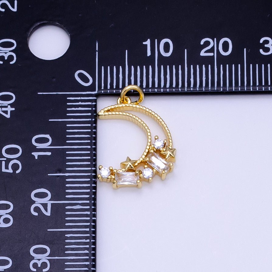 14K Gold plated 9.5mm, 8.5mm Celestial Crescent Moon Stars Baguette CZ Open Charm | D036 037