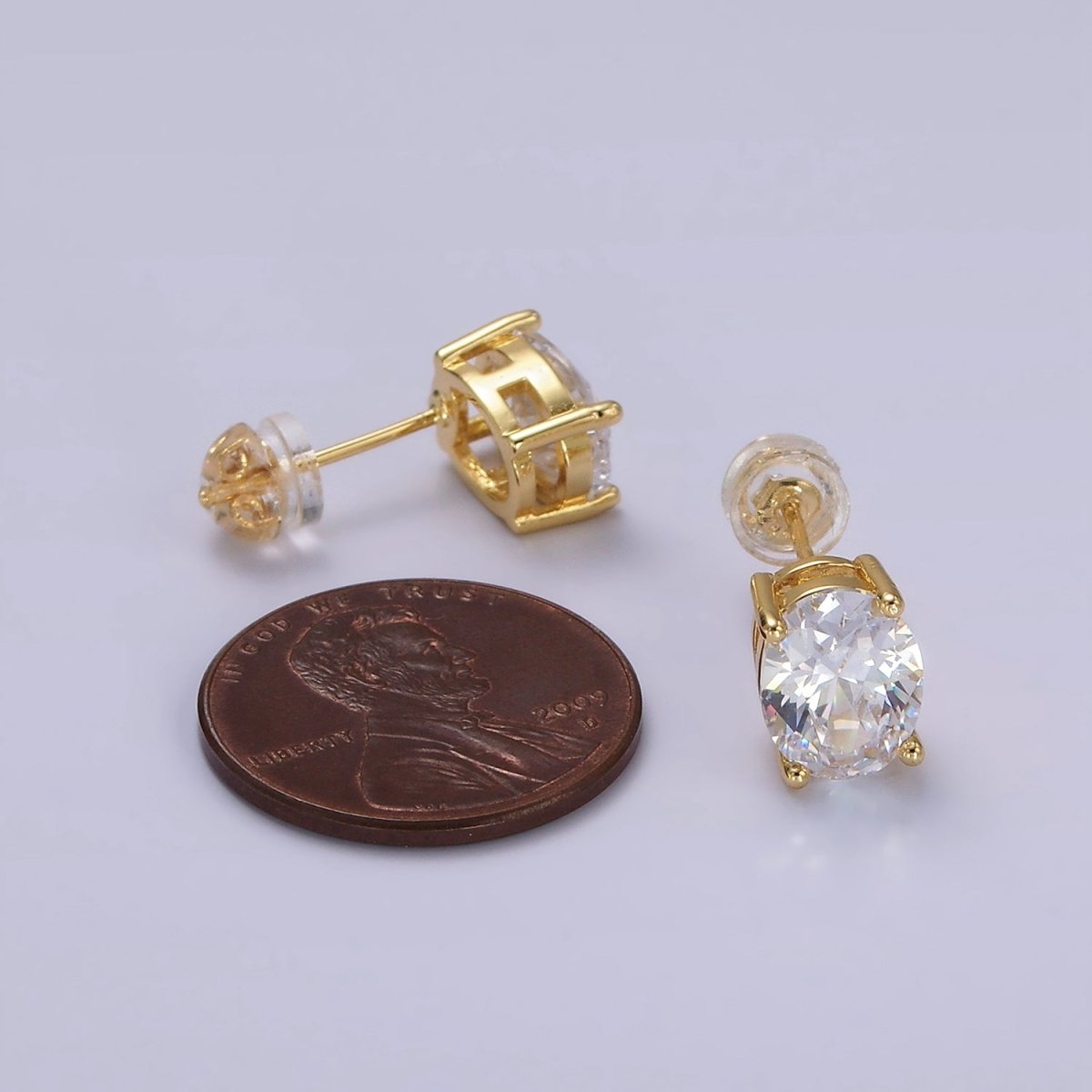 14K Gold plated 9mm Clear CZ Oval Stud Earrings | V188 - DLUXCA
