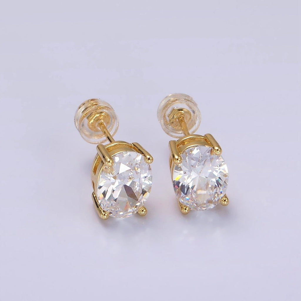 14K Gold plated 9mm Clear CZ Oval Stud Earrings | V188 - DLUXCA