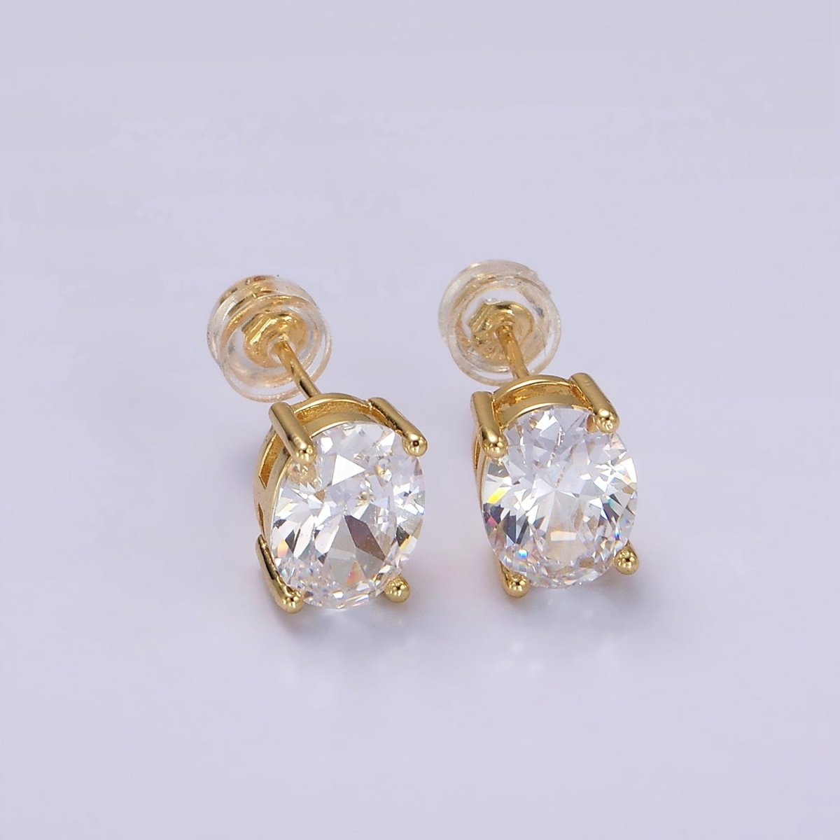 14K Gold plated 9mm Clear CZ Oval Stud Earrings | V188 - DLUXCA