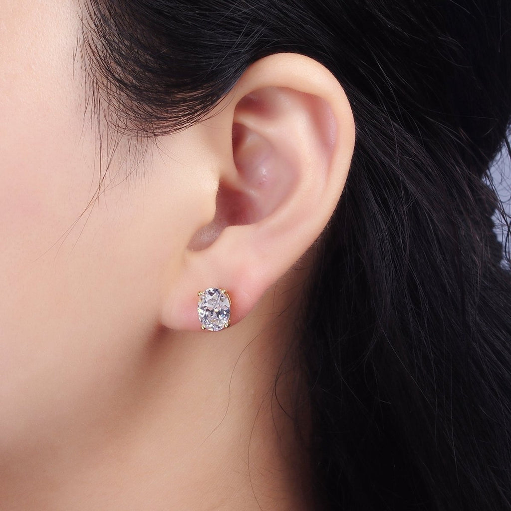 14K Gold plated 9mm Clear CZ Oval Stud Earrings | V188 - DLUXCA