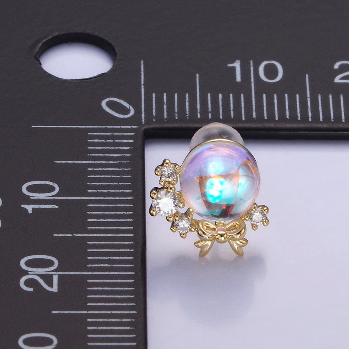 14K Gold plated AB Iridescent CZ Circular Ribbon Bow Stud Earrings in Gold & Silver | V498 V499