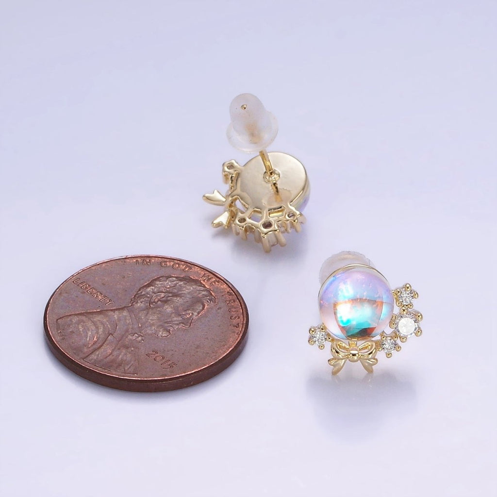 14K Gold plated AB Iridescent CZ Circular Ribbon Bow Stud Earrings in Gold & Silver | V498 V499