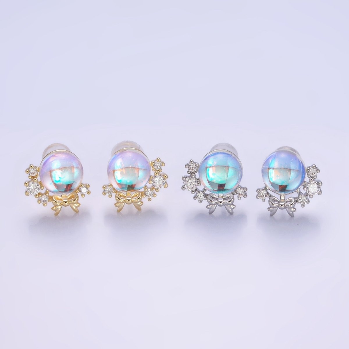 14K Gold plated AB Iridescent CZ Circular Ribbon Bow Stud Earrings in Gold & Silver | V498 V499