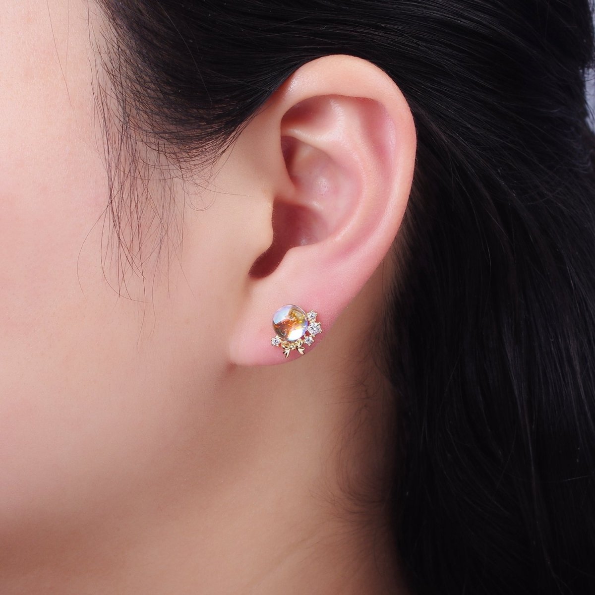 14K Gold plated AB Iridescent CZ Circular Ribbon Bow Stud Earrings in Gold & Silver | V498 V499